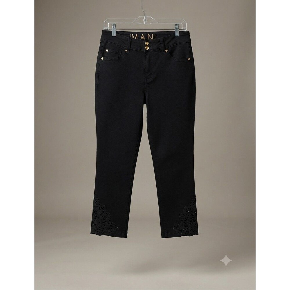 black IMAN Global Chic cropped denim pants featuring gold-
